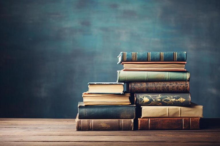ai-generated-stack-of-old-books-on-the-table-on-blue-background-with-copy-space-ai-generated-photo